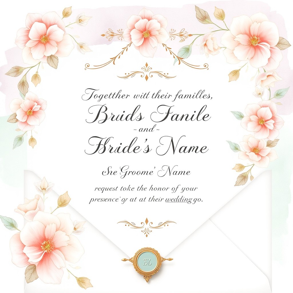 A beautiful wedding invitation design featuring elegant floral patterns, soft pastel colors such as blush pink, lavender, and mint green