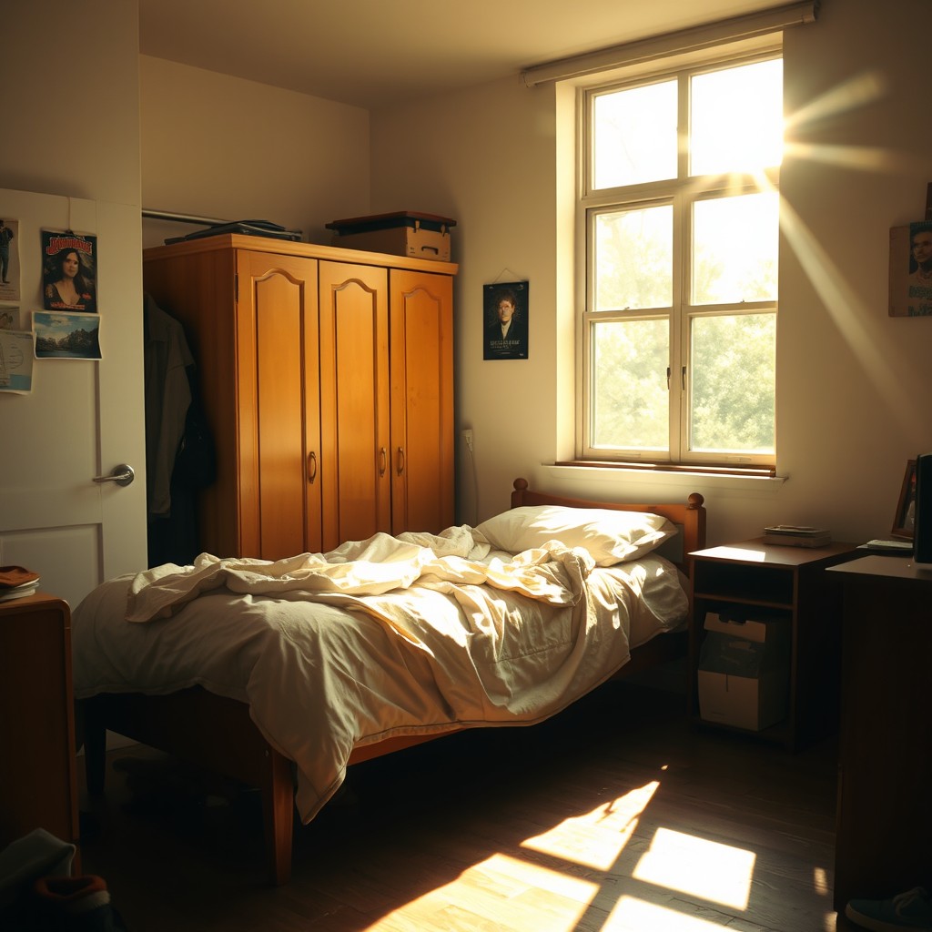A cozy, slightly untidy room belonging to a 20-year-old man, featuring a single bed with rumpled sheets, a simple wardrobe with some clothes peeking out, and a window that allows bright morning light to stream in
