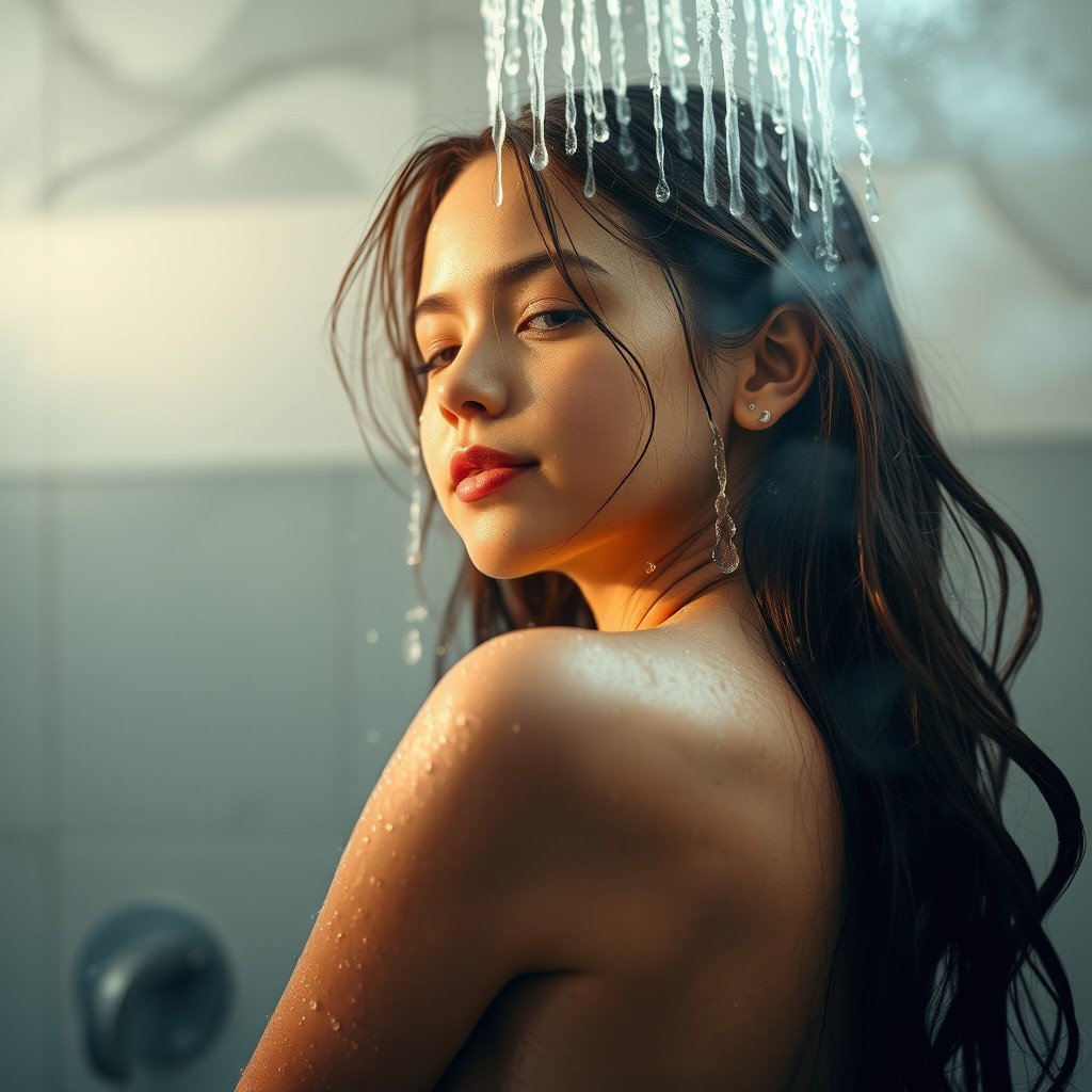 A girl in a shower, with the water cascading down her skin, creating a serene and refreshing atmosphere