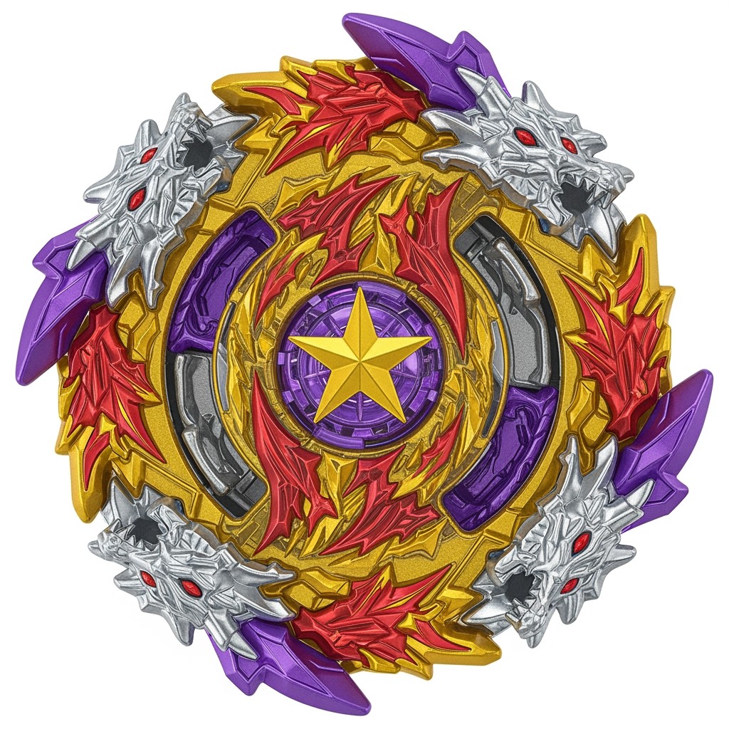 A dynamic and visually striking Beyblade design called 'Dracoblazer', featuring a round layer with aggressive, jagged protrusions that exudes a powerful impression