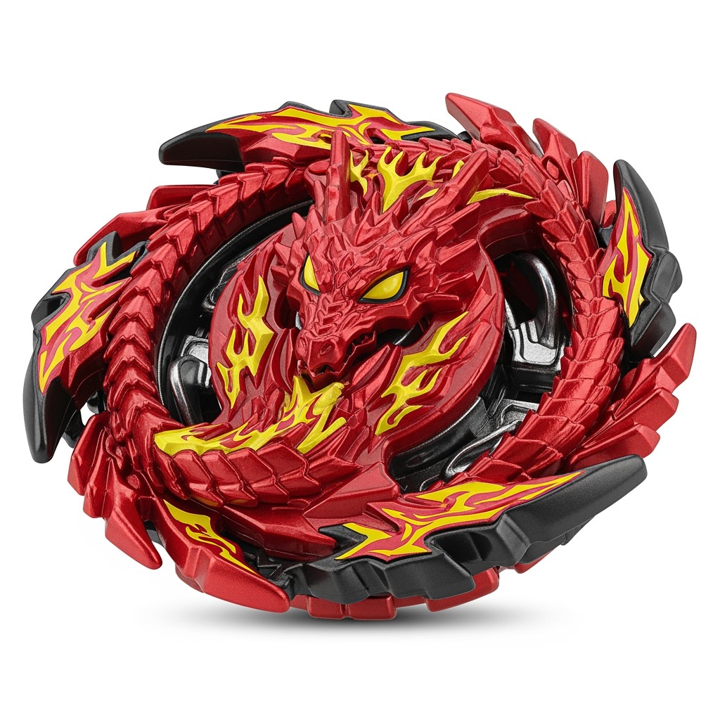 A Turbo Beyblade design in predominantly red and black colors with accents of yellow to simulate flames