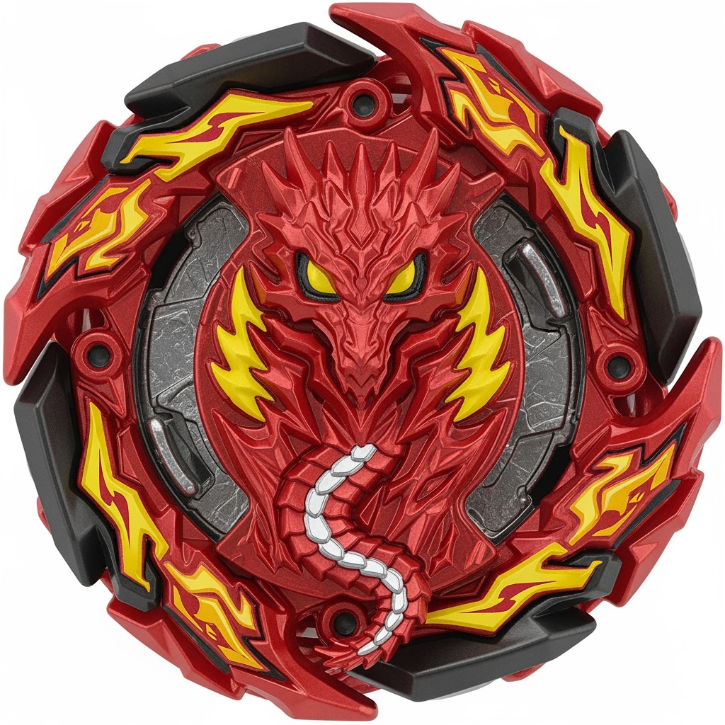 A Turbo Beyblade design predominantly featuring red and black colors with accents of bright yellow to simulate flames
