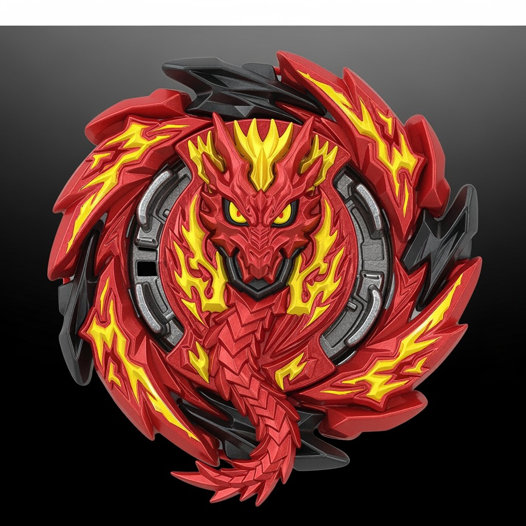 A Turbo Beyblade design predominantly featuring striking red and black colors with accents of bright yellow to simulate flames