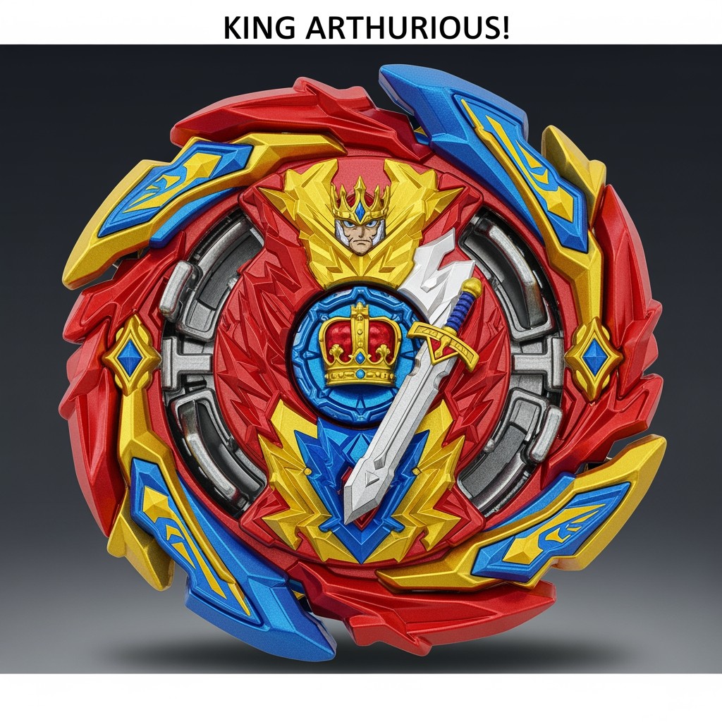 A powerful Beyblade named "King Arthurious!" designed as a Turbo Beyblade with a stunning color palette of red, gold, and blue accents