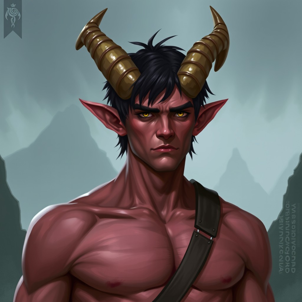 A male Tiefling character showcasing pale red skin, distinctive horns that extend back and upwards, transitioning from light brown at the base to a darker shade at the tips