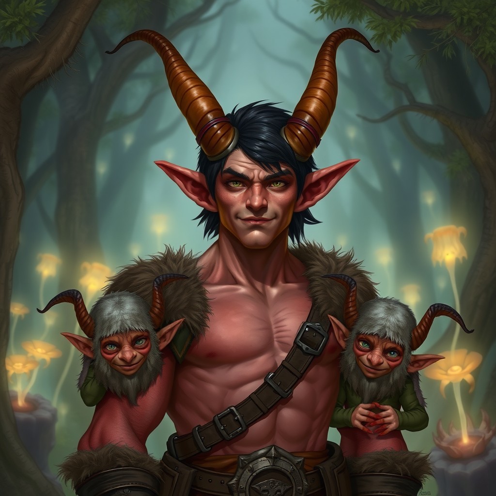 A male Tiefling character with pale red skin and prominent horns that extend back and upwards, transitioning from light brown to dark brown