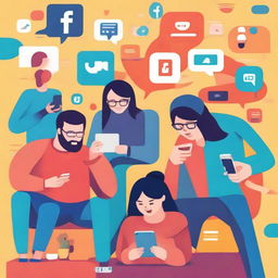 A vibrant scene depicting various individuals immersed in their digital devices, showcasing different emotions, representing the interaction through social media in a contemporary setting.