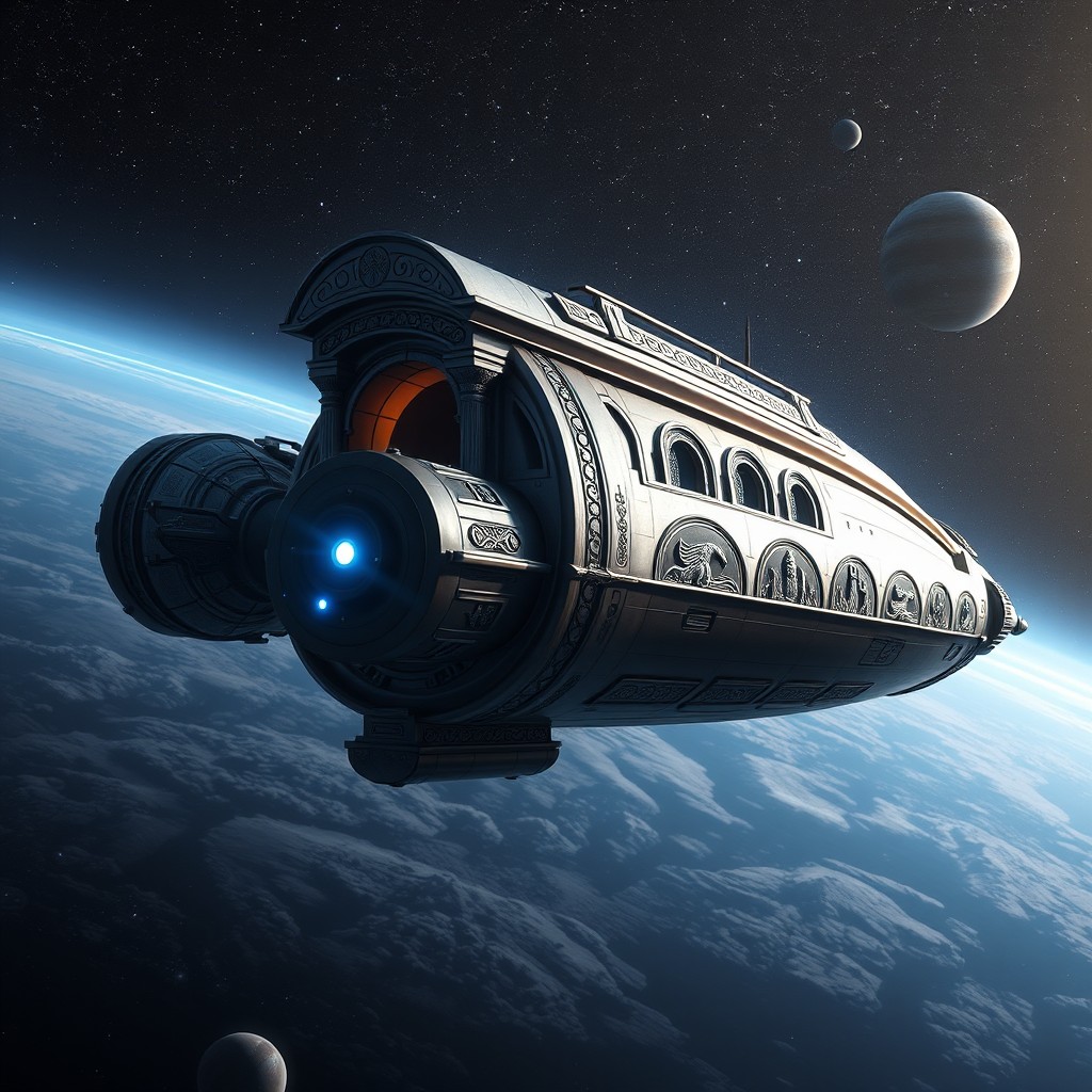A futuristic spaceship designed in a Roman architectural style, with elements such as grand arches, columns, and intricate decorative motifs reminiscent of ancient Roman structures
