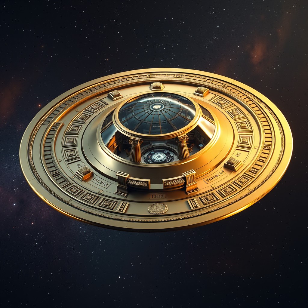 A Roman-style saucer spaceship, elegantly designed with classical columns, ornate friezes, and intricate patterns inspired by ancient Roman art