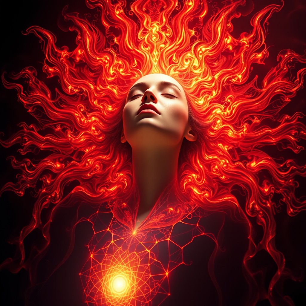 Cinematic hyper-realistic cosmic goddess emerging from a dark void, with a symmetrical composition
