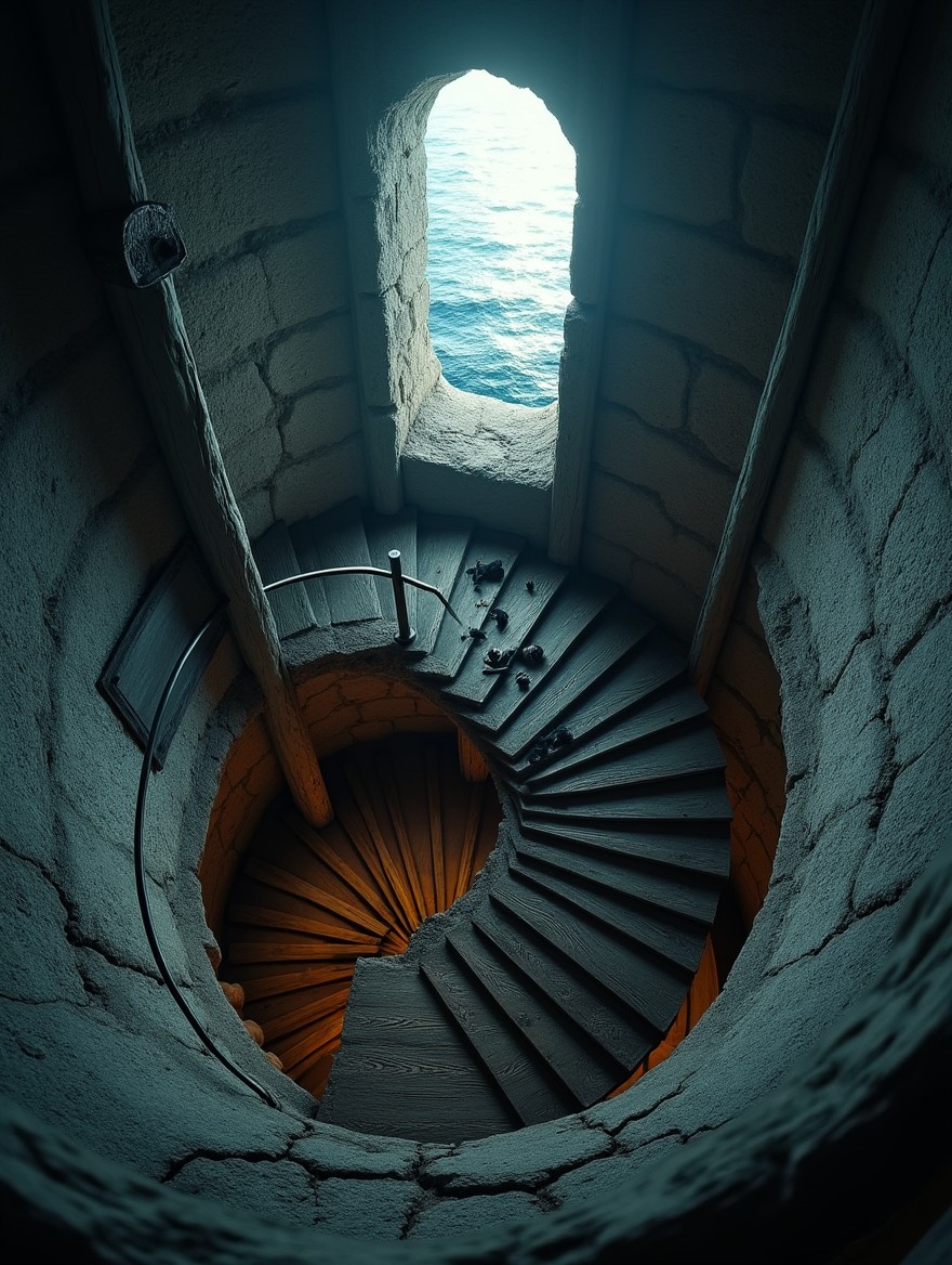 A dramatic interior of a winding lighthouse staircase, filled with soft moonlight filtering through cracked stone, illuminating the rustic and weathered timber frame