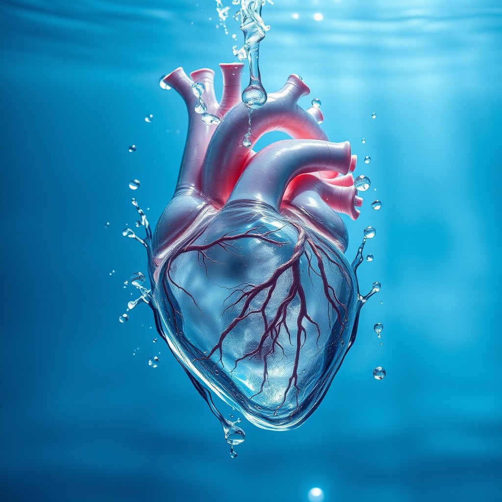 A beautifully detailed anatomical heart created entirely from water, showcasing intricate veins and arteries flowing seamlessly, surrounded by shimmering droplets and bubbles, set against a serene blue background that evokes the feeling of a calm ocean