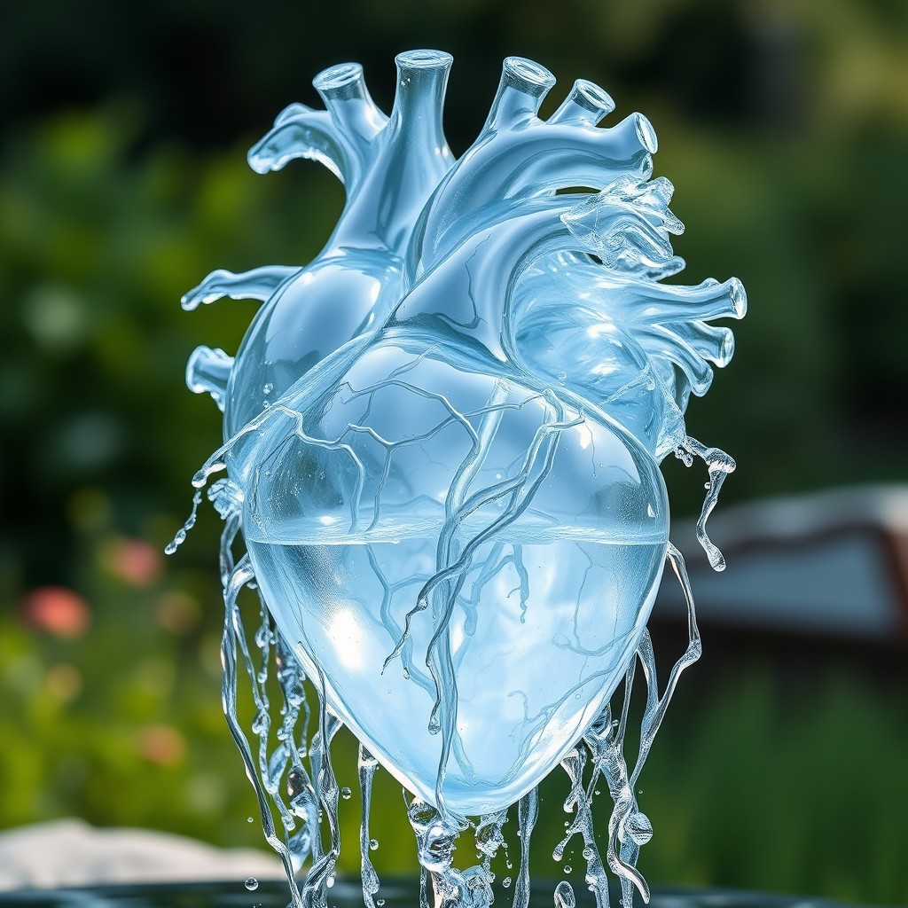 A stunning, anatomically accurate heart sculpture made entirely of flowing water, showcasing the intricate details of veins and arteries