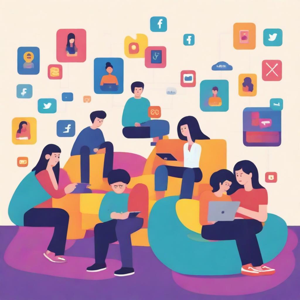 A vibrant scene depicting various individuals immersed in their digital devices, showcasing different emotions, representing the interaction through social media in a contemporary setting.