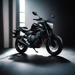 Aesthetic view of a black Honda Hornet 160R motorbike, perched in a dark room which casts dramatic shadows emphasizing its edgy design.