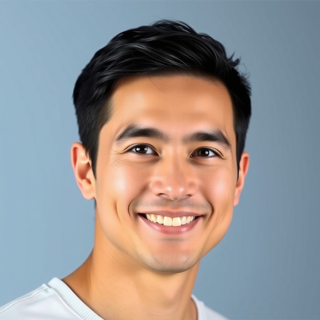 A portrait of a 35-year-old man, clean-shaven, with short black hair