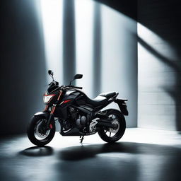 Aesthetic view of a black Honda Hornet 160R motorbike, perched in a dark room which casts dramatic shadows emphasizing its edgy design.