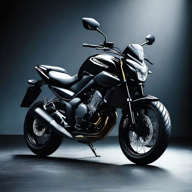 Aesthetic view of a black Honda Hornet 160R motorbike, perched in a dark room which casts dramatic shadows emphasizing its edgy design.