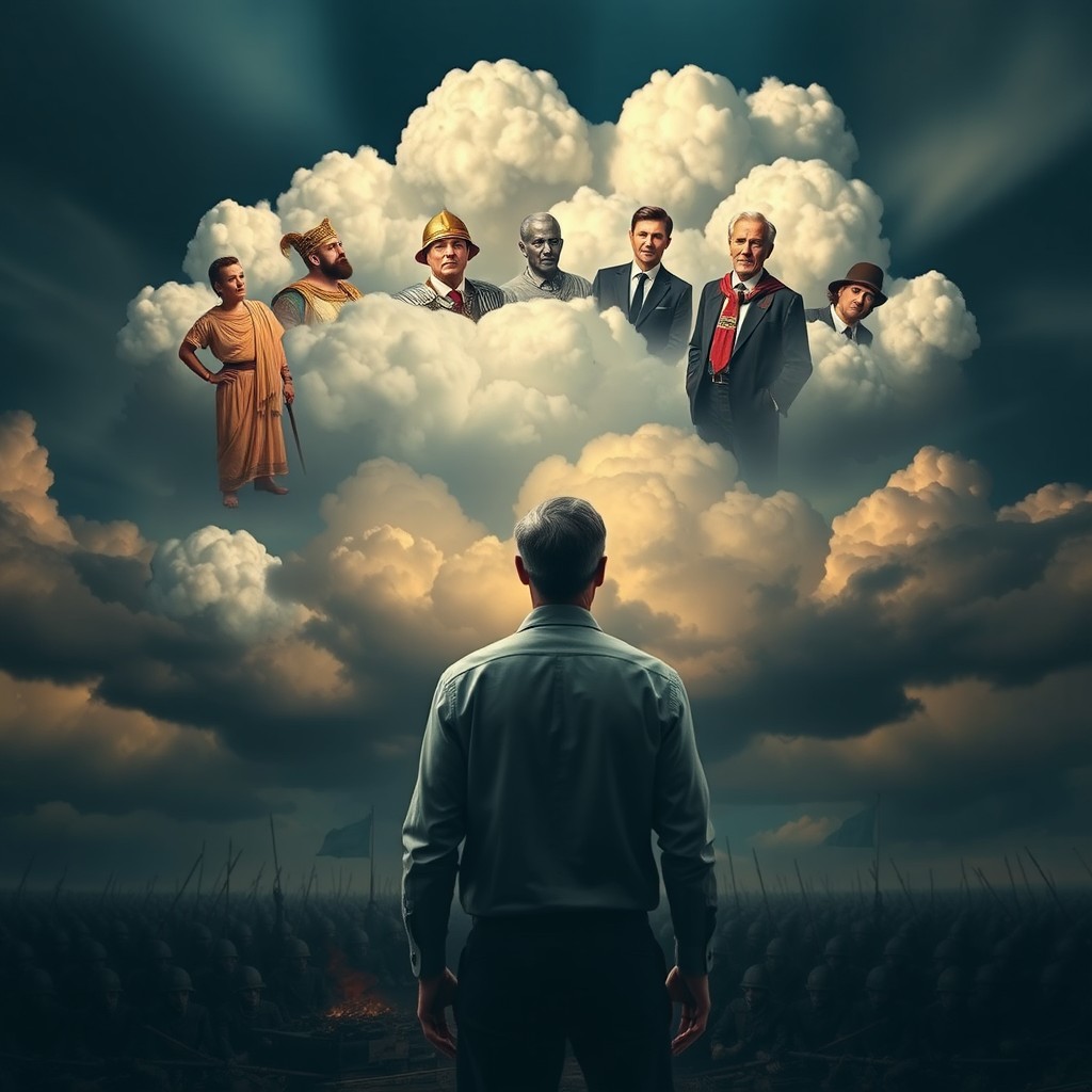 A compelling scene depicting a figure standing with their back to the viewer, gazing thoughtfully at dramatic clouds