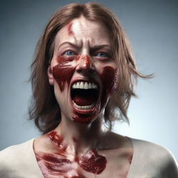 A 3D realistic image of a frightful woman with a disturbingly wounded face, appearing as though she's been involved in a distressing accident.