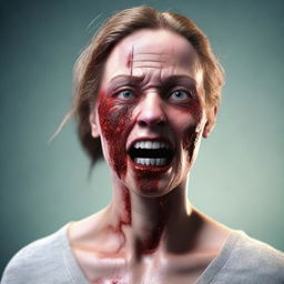 A 3D realistic image of a frightful woman with a disturbingly wounded face, appearing as though she's been involved in a distressing accident.