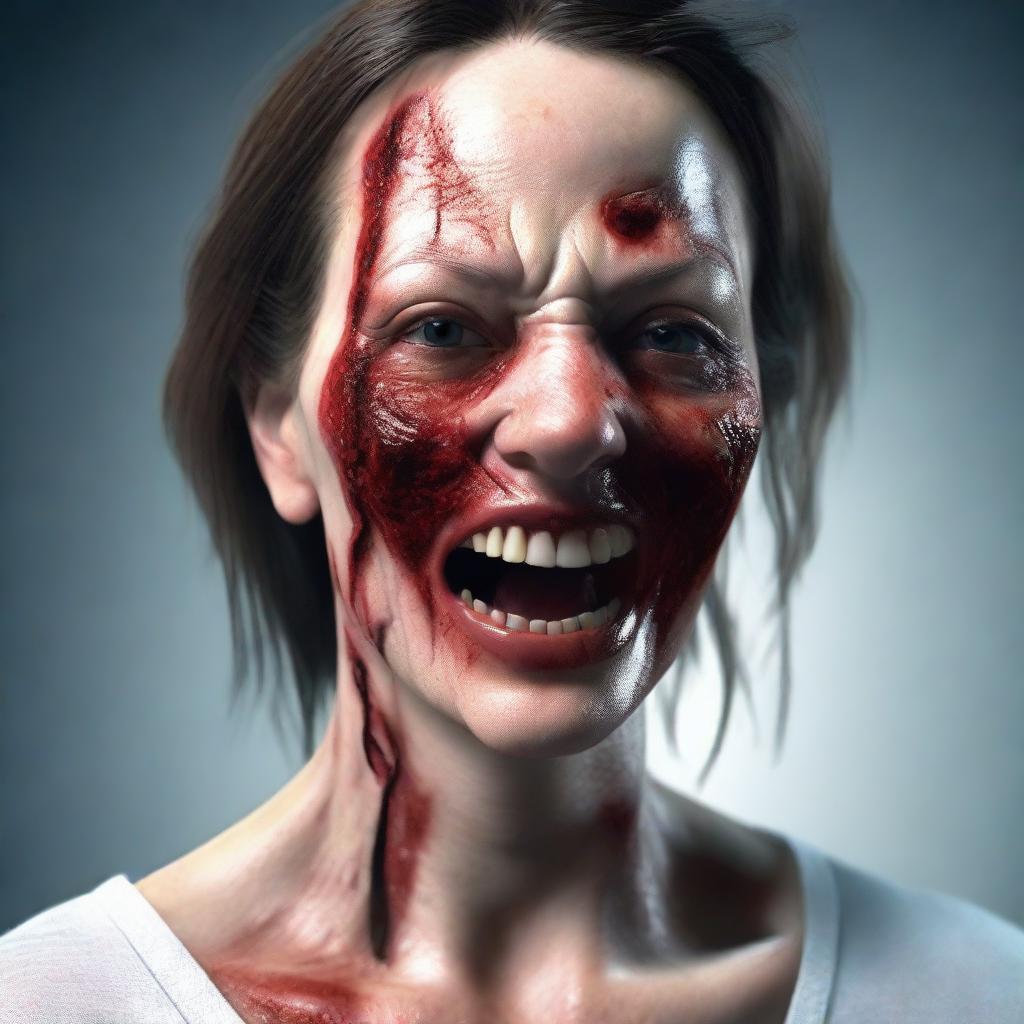 A 3D realistic image of a frightful woman with a disturbingly wounded face, appearing as though she's been involved in a distressing accident.