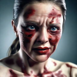 A 3D realistic image of a frightful woman with a disturbingly wounded face, appearing as though she's been involved in a distressing accident.