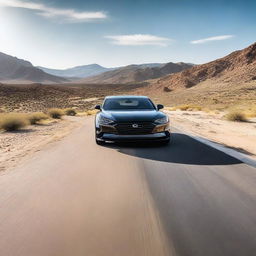 A black car speeding along a mountainous desert road, creating a thrum of activity amidst the serene surroundings