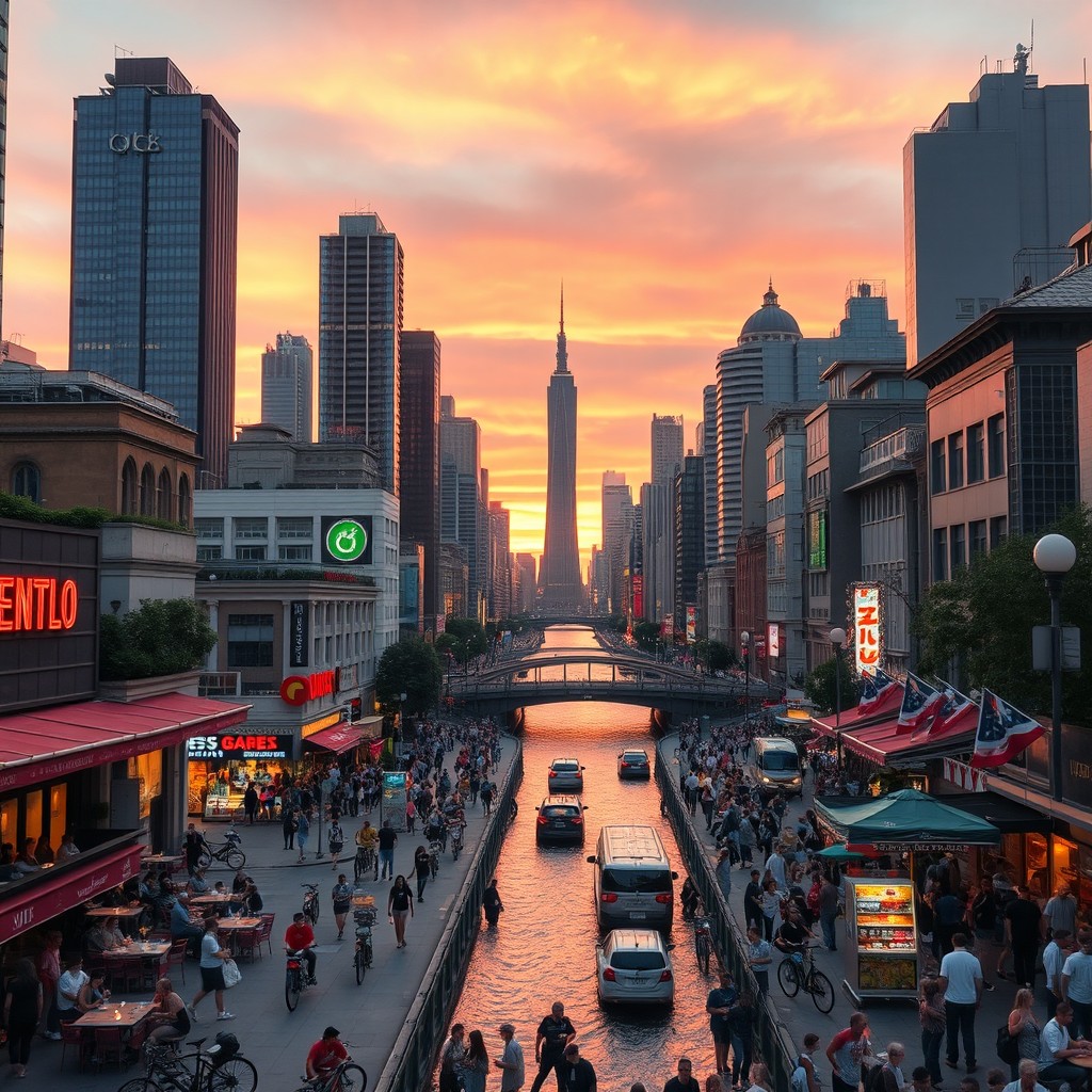 A vibrant, bustling cityscape during sunset, with tall skyscrapers reflecting warm orange and pink hues in the sky