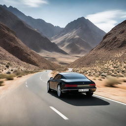 A black car speeding along a mountainous desert road, creating a thrum of activity amidst the serene surroundings