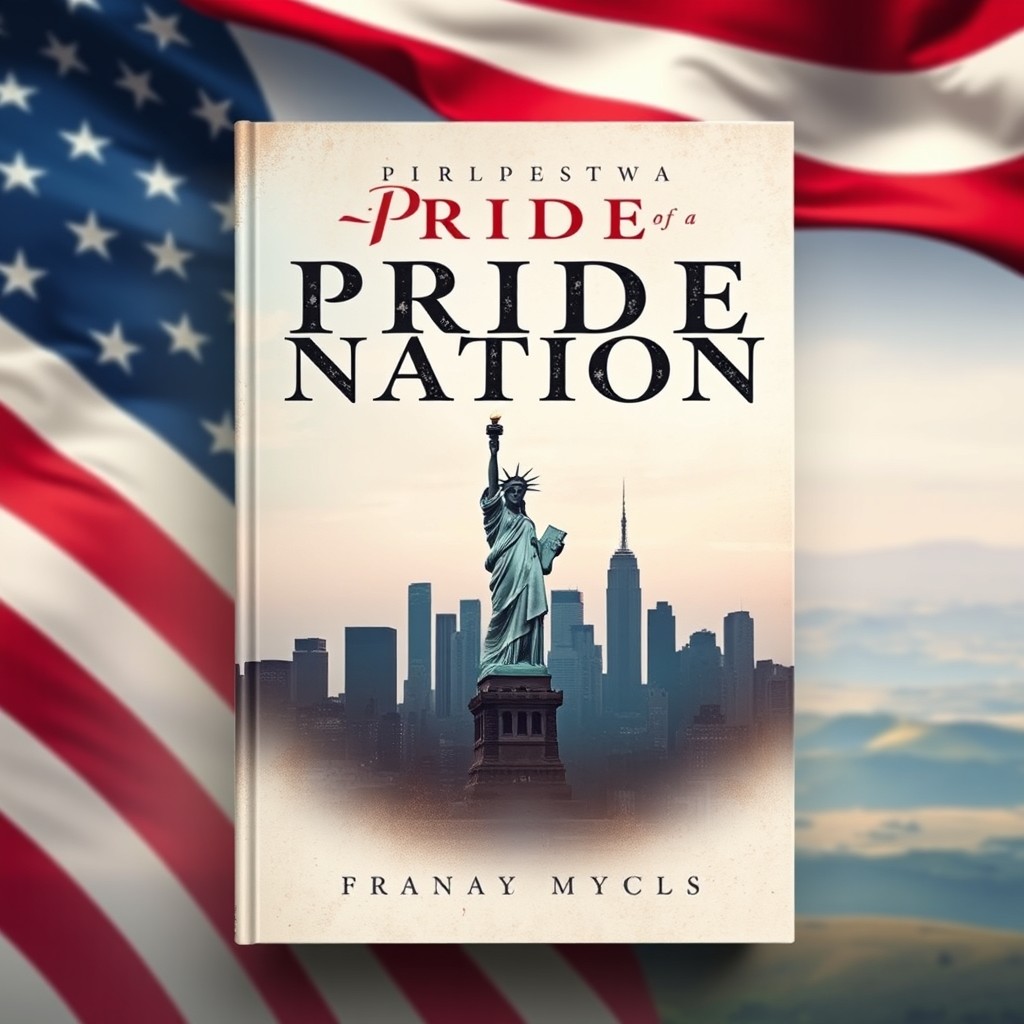 A captivating book cover design featuring iconic symbols of the United States, including the American flag, the Statue of Liberty, and the silhouette of the skyline of New York City