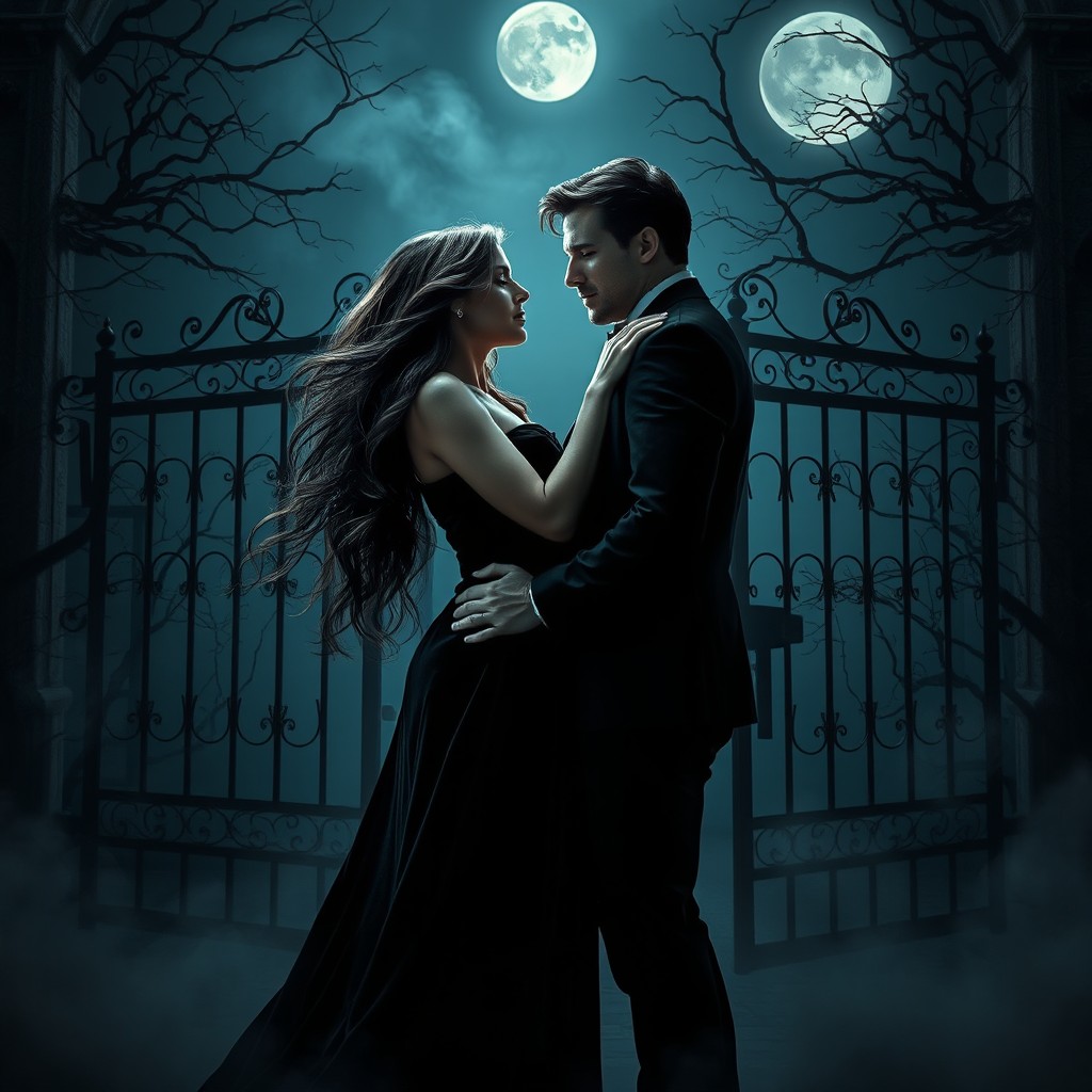 A dramatic and captivating dark romance scene set in a dimly lit, gothic environment