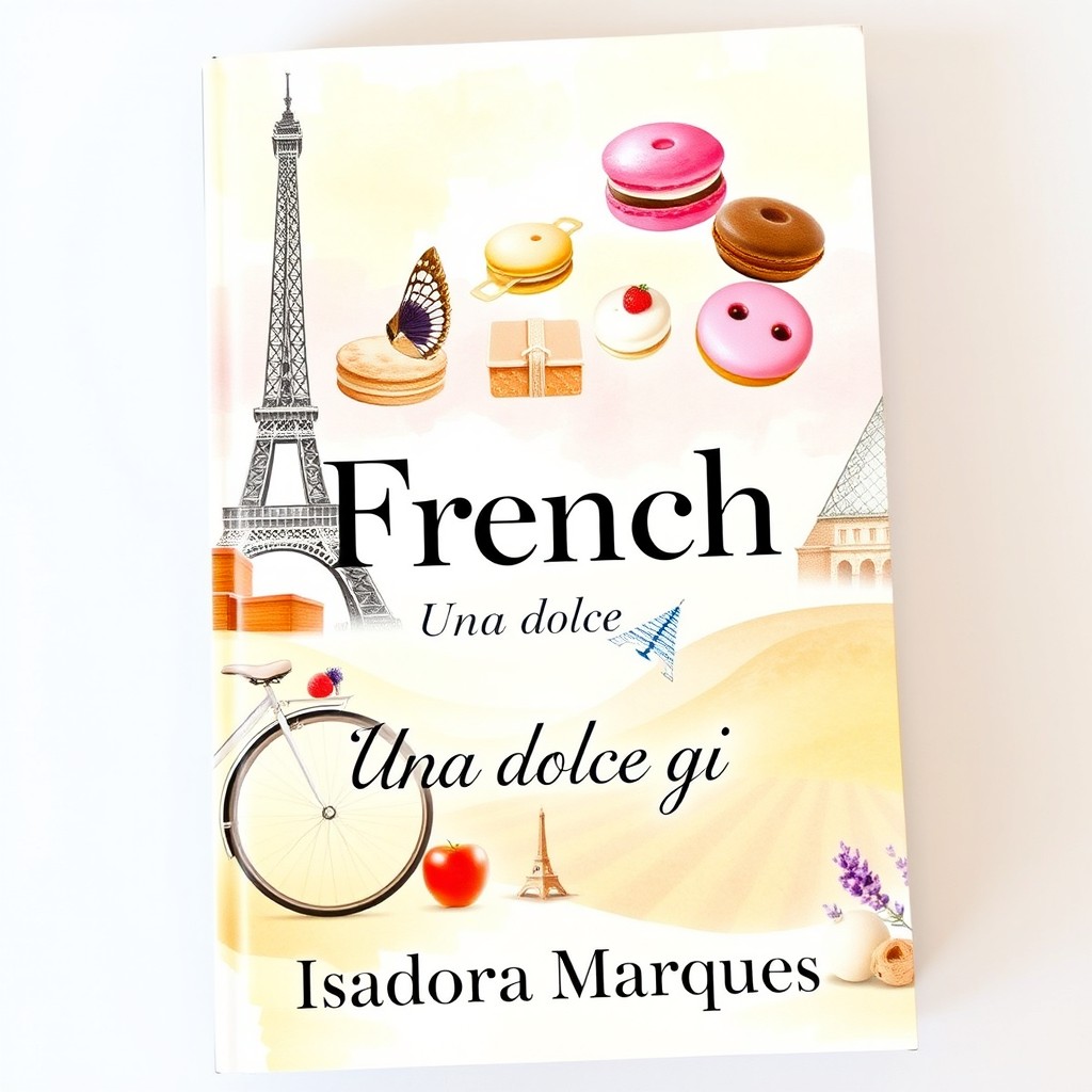 A beautiful book cover themed around France, featuring iconic French symbols such as the Eiffel Tower, French pastries like macarons, a vintage bicycle, the Louvre Museum, and lavender fields