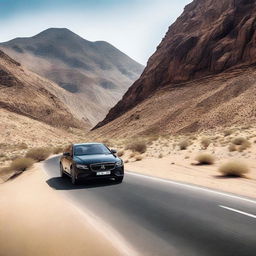 A black car speeding along a mountainous desert road, creating a thrum of activity amidst the serene surroundings