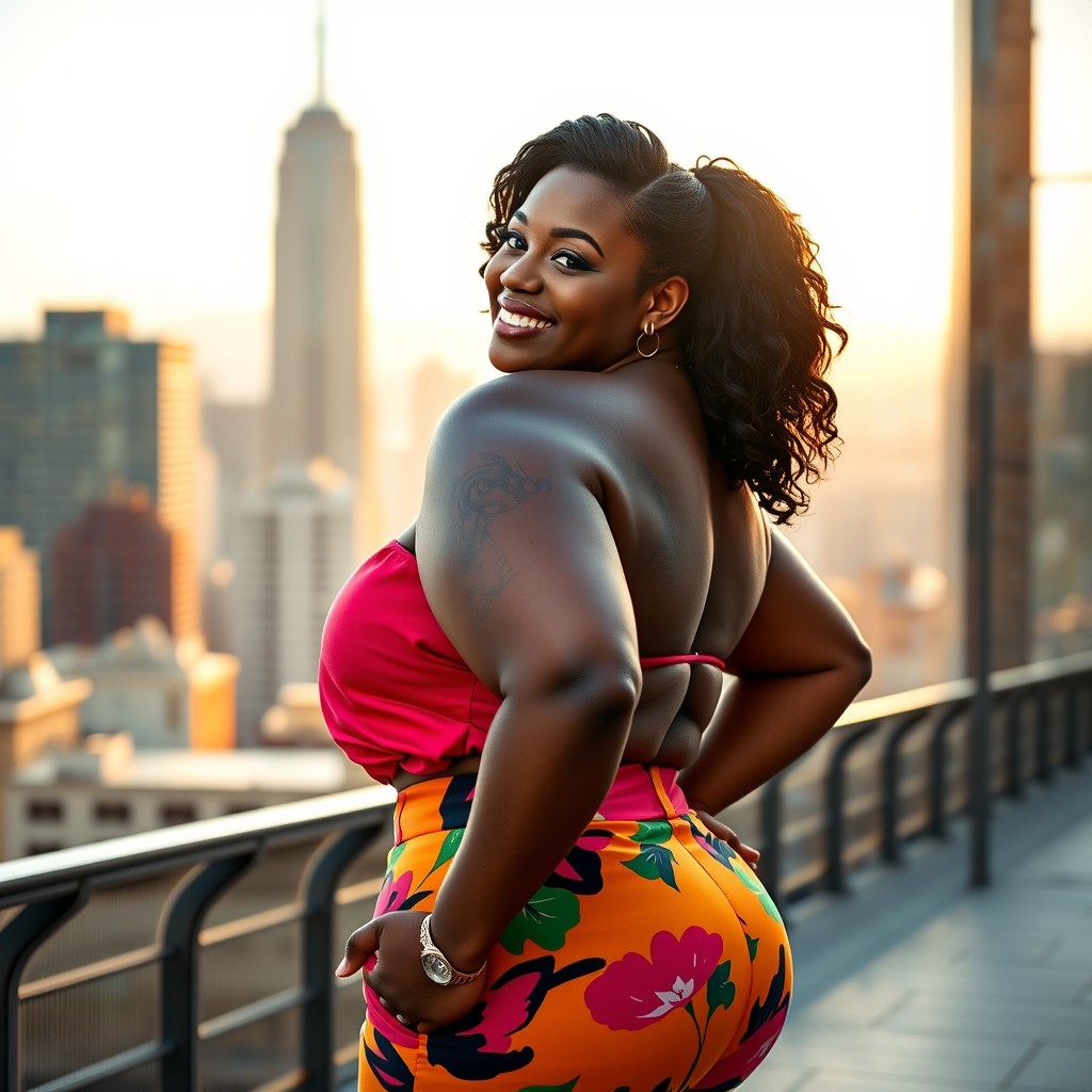 A confident and beautiful Black American woman with a curvy figure, showcasing her big butt in a vibrant, stylish outfit