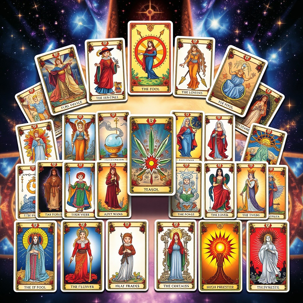 A full set of 72 beautifully illustrated tarot cards displayed in an artistic layout, each card showcasing unique symbols and imagery related to traditional tarot meanings