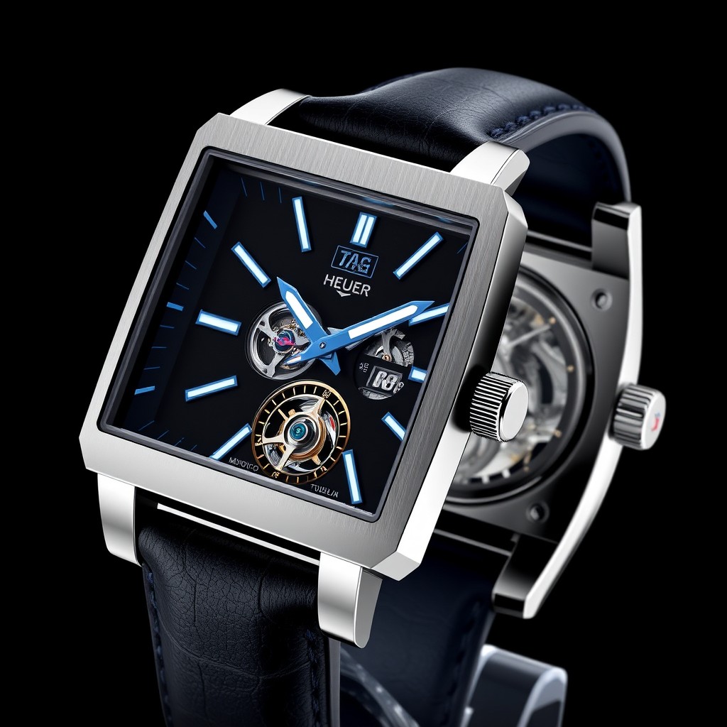 A watch design inspired by the Tag Heuer Monaco, featuring a striking tourbillon skeleton movement visible on the dial