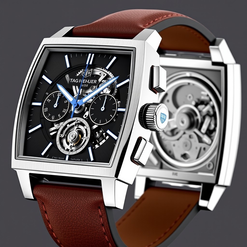 A watch design inspired by the Tag Heuer Monaco, featuring a skeleton tourbillon movement and a chronograph function