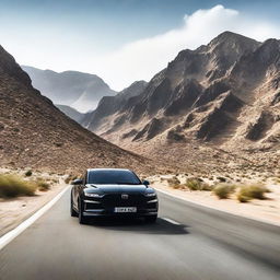 A black car speeding along a mountainous desert road, creating a thrum of activity amidst the serene surroundings