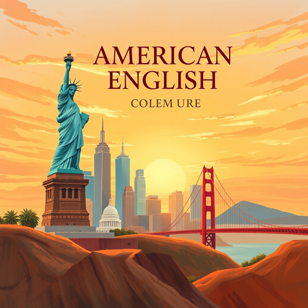 Illustrated book cover for an American English course, featuring a cinematic editorial illustration with a warm sunset sky