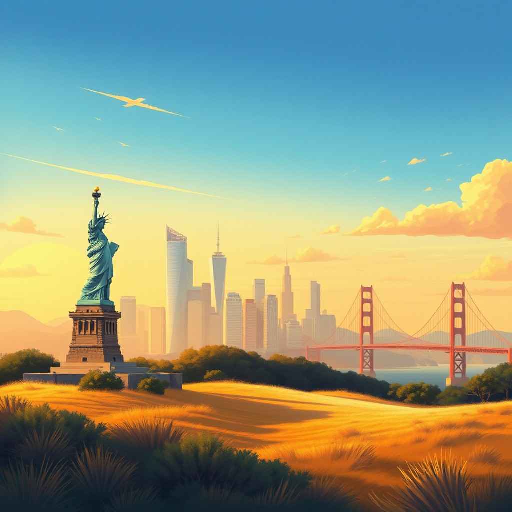 Illustrated picture portraying American landscapes, in a cinematic editorial illustration style with a warm sunset sky