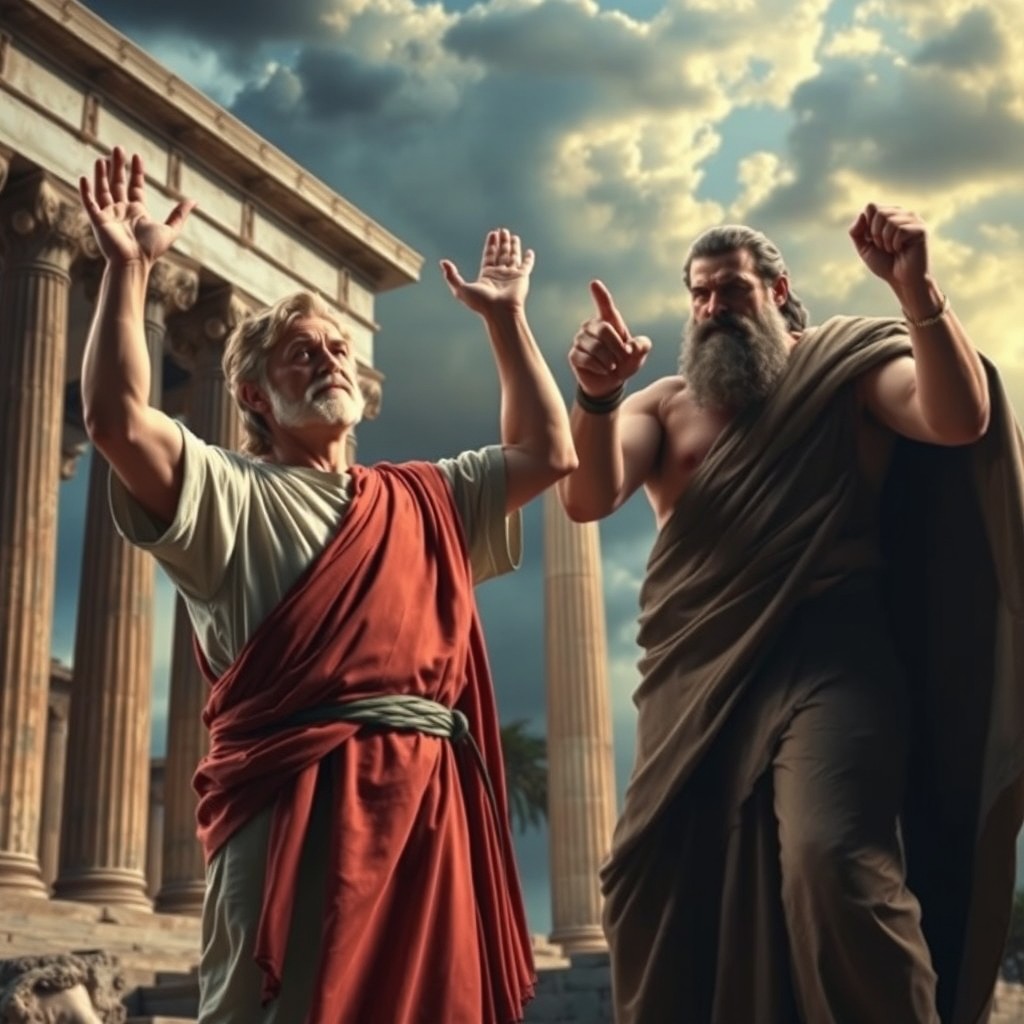 A dramatic scene depicting Creon defending himself against Oedipus in a vivid, classical Greek setting