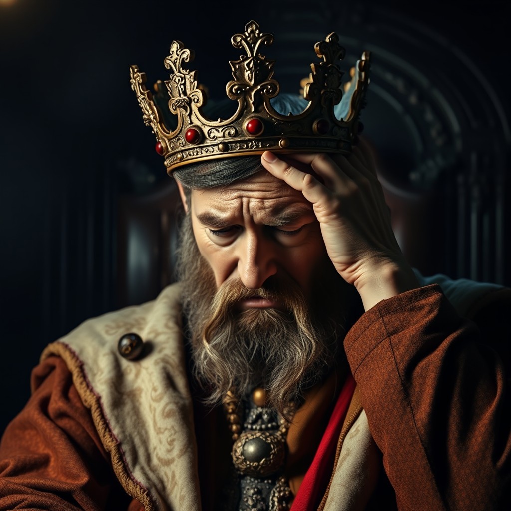 A poignant scene featuring a distressed king clutching his head, showcasing deep emotion and turmoil