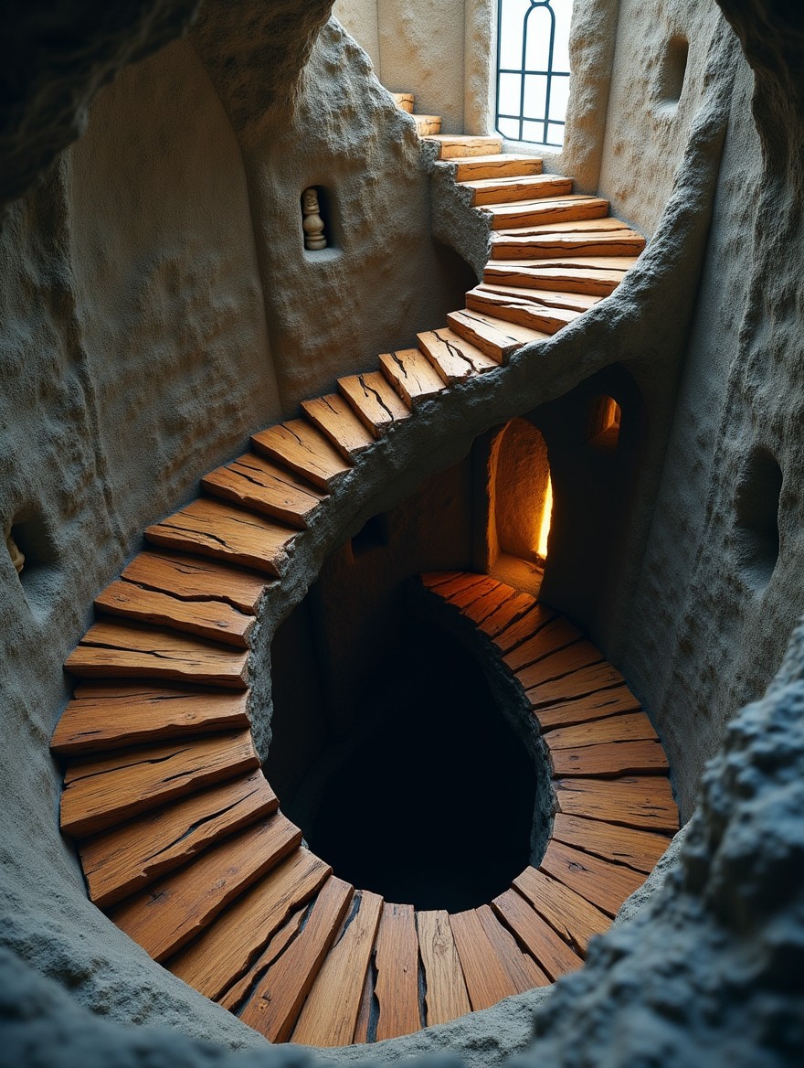 A fantasy depiction of a winding staircase inside a lighthouse turret