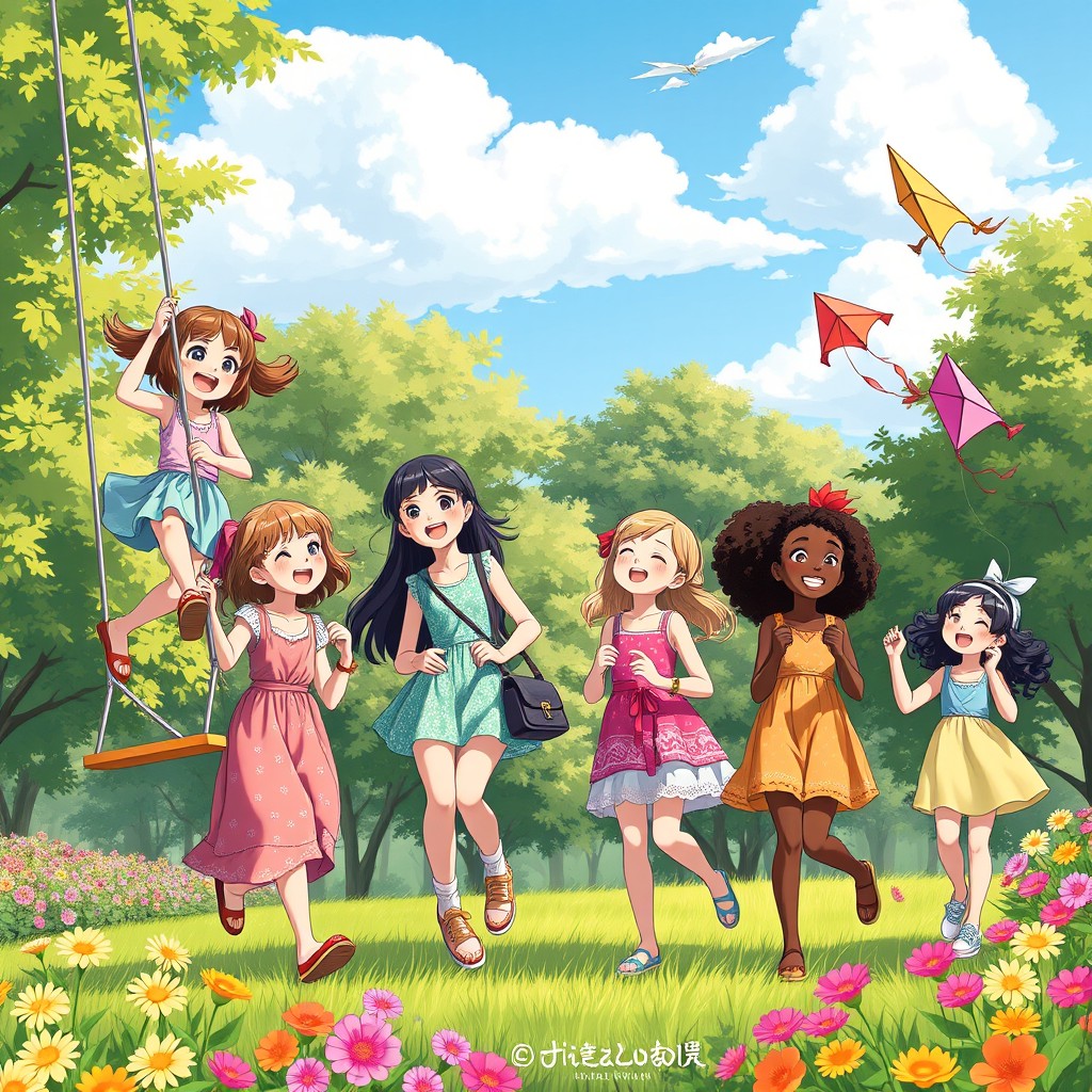 A vibrant and joyful scene featuring girls of diverse backgrounds enjoying a sunny day at the park