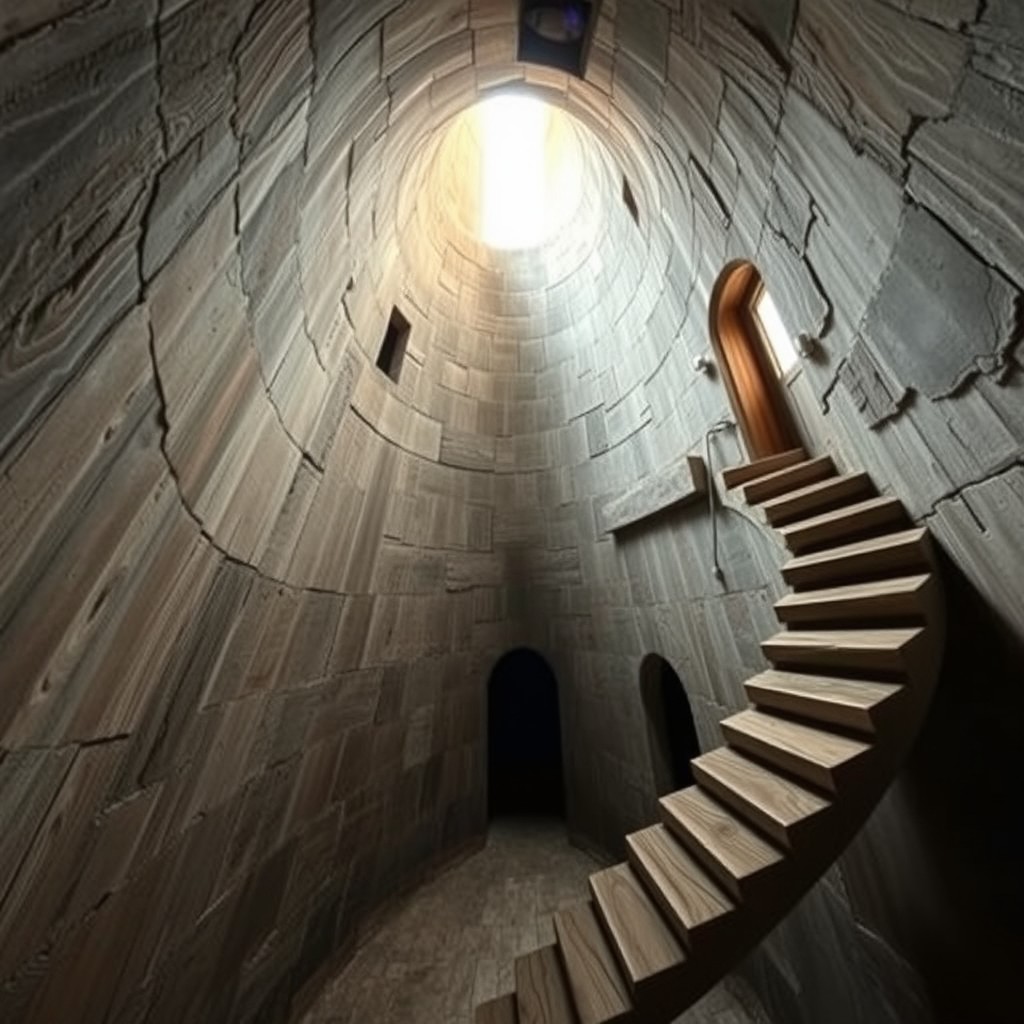 A majestic fantasy lighthouse interior, showcasing a cylindrical structure with a towering, aged stone curve that rises endlessly upwards