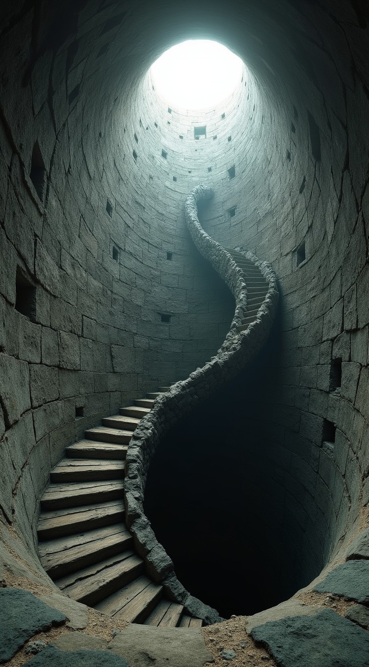 A magical depiction of the interior of a towering lighthouse, showcasing a large cylindrical space made of weathered stone
