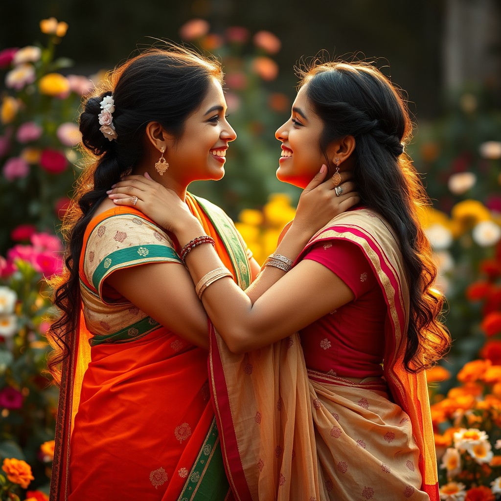 A heartfelt scene between two Indian sisters sharing a tender, affectionate moment, captured in warm, soft lighting that accentuates their bond