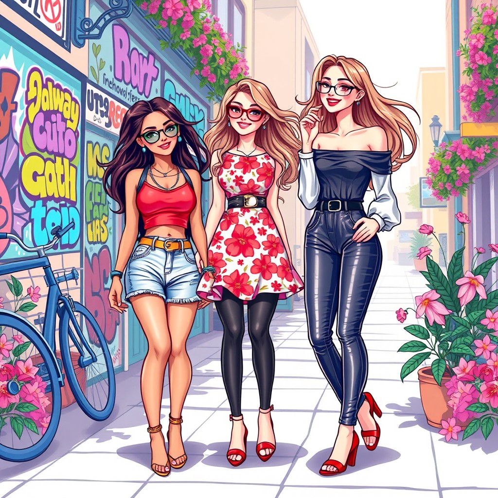 A vibrant and colorful illustration of three fashionable young women enjoying a lively day out