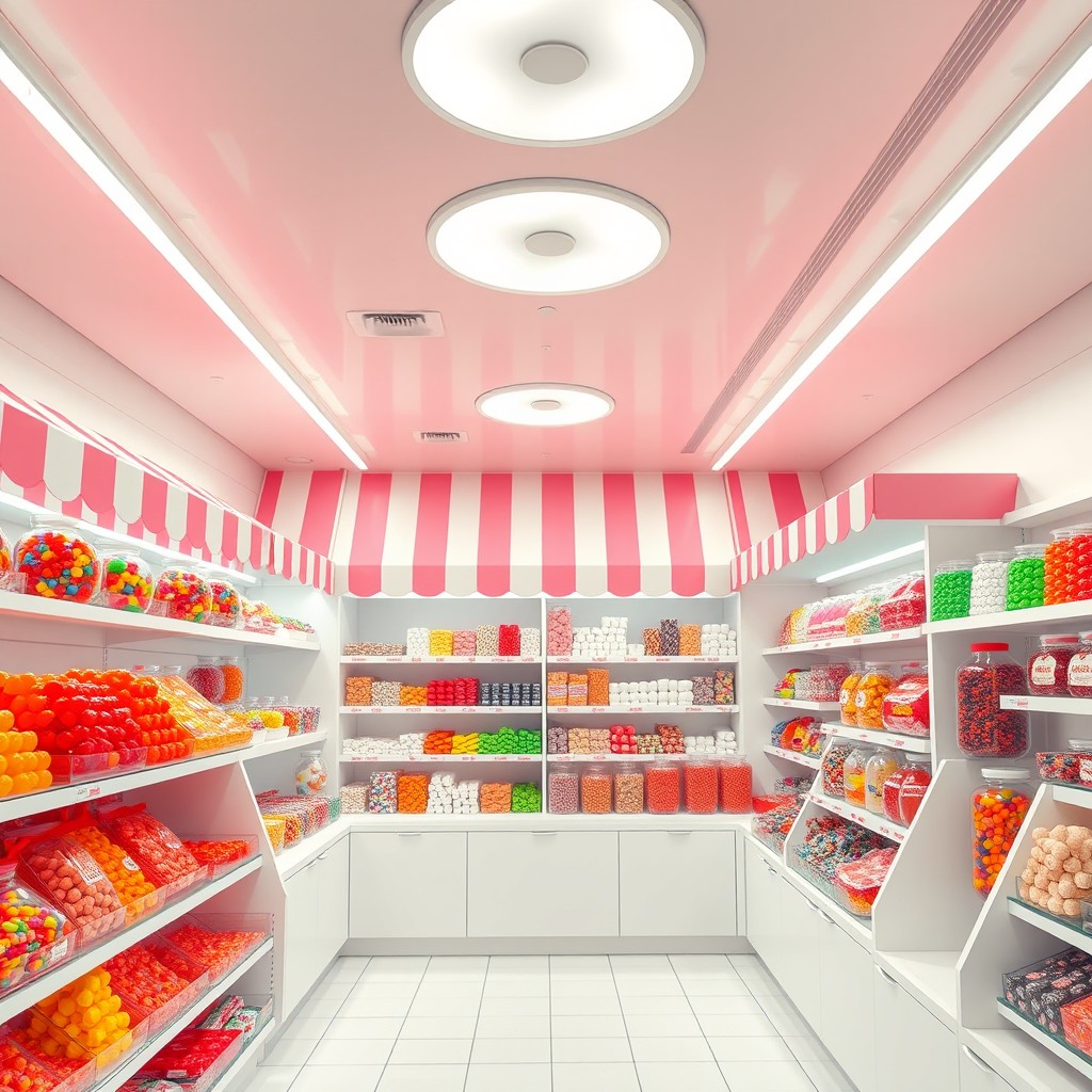 A photorealistic interior of a modern candy store with a striking RED gummy theme and a white color palette, devoid of people